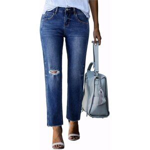 Women's High Waisted Stretchy Ripped Straight Leg Raw Hem Jeans for Casual